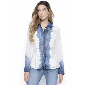 NEW Picadilly Blue and White Semi Sheer Button Up Blouse